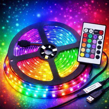 Світлодіодна стрічка 5 м, від USB + пульт TV LED Strip CB-5050 / Кімнатна лед підсвітка / RGB стрічка від повербанку 234568418 фото